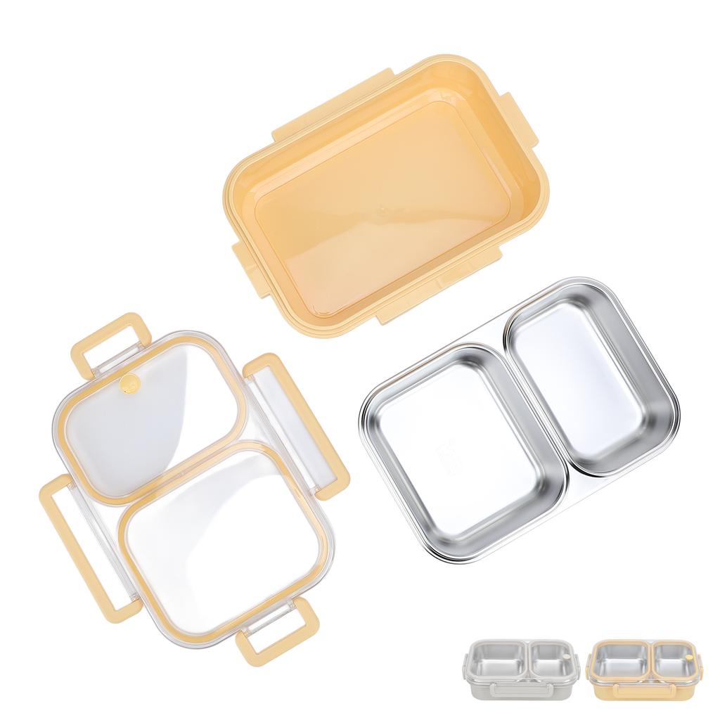 Stainless Steel Lunch Box Container Sealed Odorproof 2 Compartment Portable Square 1.2L