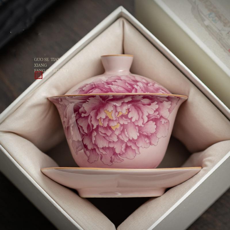 Peony Ru Yao Porcelain Gaiwan Set For Tea Tureen Teaware Cup Chinese Pink Ceramic Opening Tea Bowls Chawan Tea Ceramony Lily