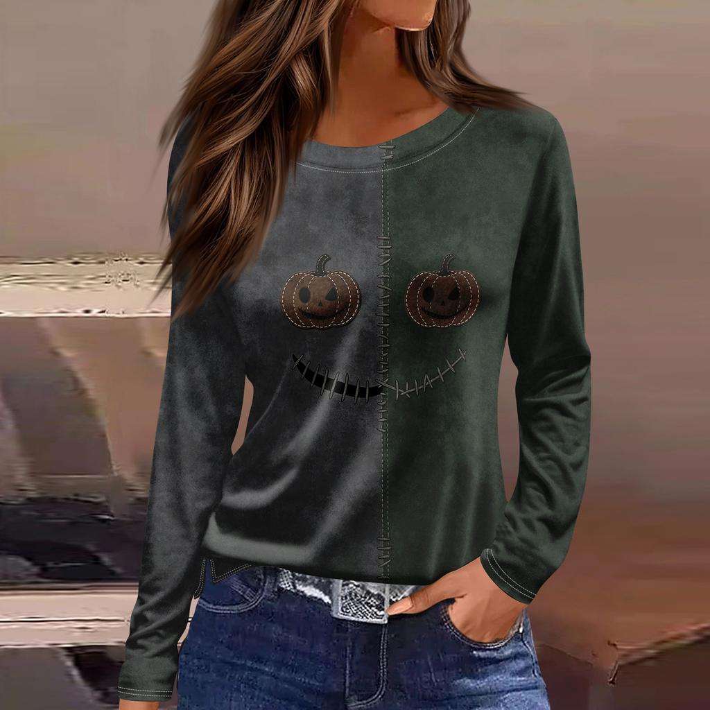 Women's Halloween Print Long Sleeve Top with Round Neck and Hem Slit for Casual Party Wear
