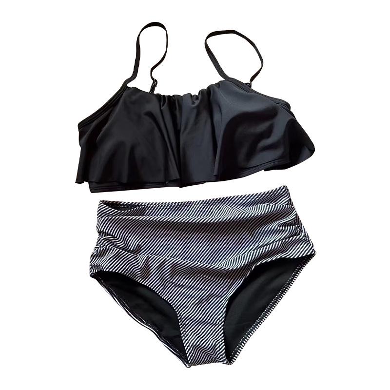 

Новое женское полосатое бикини с высокой талией - Купальник с оборками большого размера S чёрный