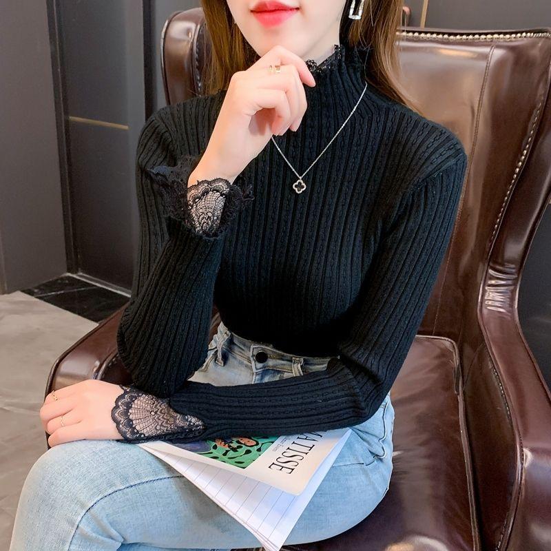 Autumn and Winter Slim Fit Half High Collar Patchwork Lace Long Sleeved Base Knit Sweater Top for Women