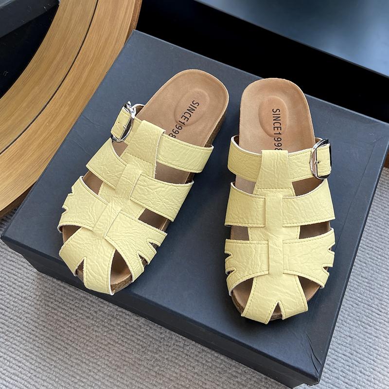Fashion Flat Retro Woven Baotou Half Slippers Women's Outside Wear New Summer Soft Sole Non-slip Cool Drag Roman Sandals