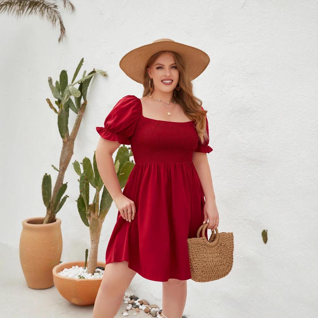 Plus Size Solid Color Casual Square Neck Vacation Dress with Smocked Puff Sleeves