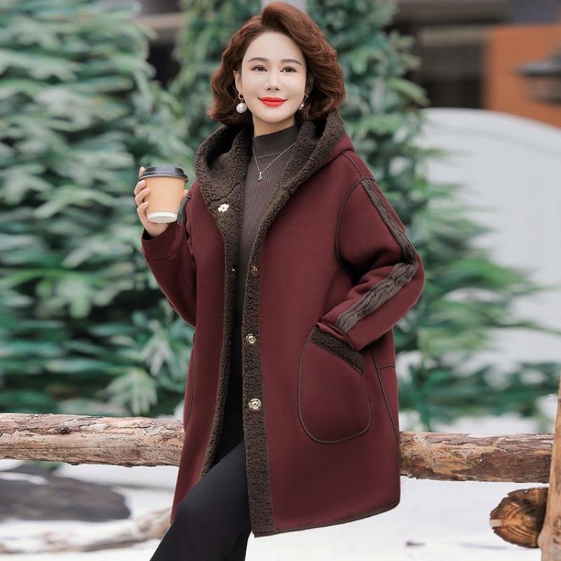 Autumn and Winter Hooded Loose Coat Women's Lamb Wool Double-sided Wear Medium and Long Cotton Coat