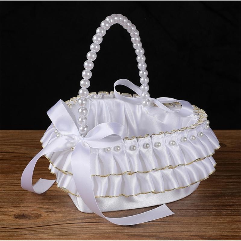 Decorative Pearls Embellished Storage Basket With Golden Edges for Wedding Reception Party Decorations