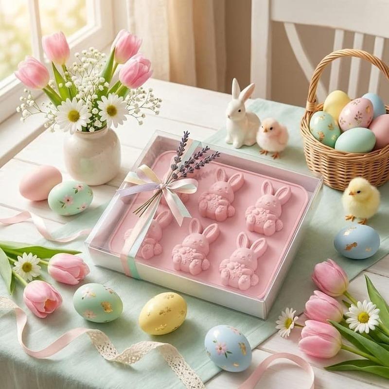 1/2Pcs Easter Bunny Silicone Mould, 6-Cavity 3D Ice Rabbits Cube & Dessert Tray, Flexible Baking Mould for Chocolates, Candies & Jelly