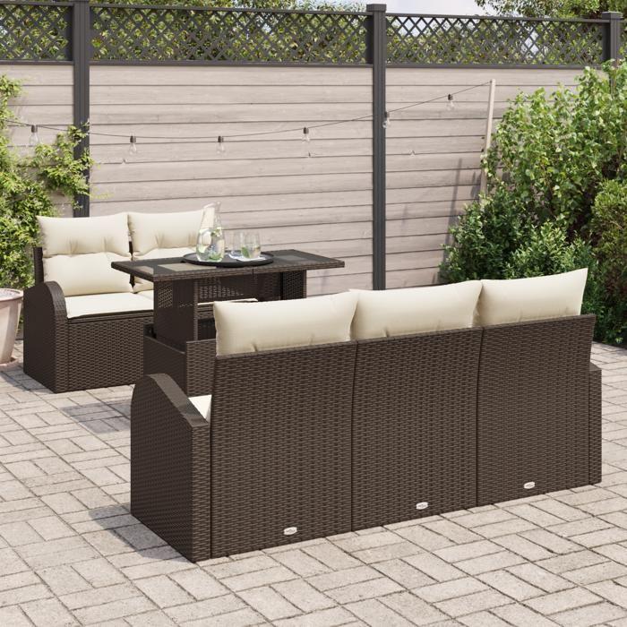 Ensemble de canapé de jardin 6 pièces avec coussins en rotin marron vidaXL, Canapé de jardin 2 places avec rangement et 3357291