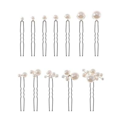Pearl Hair Pins Set of 12 - Small & Large Sizes, Coffee Color U-Pins for Various Occasions - Wedding, Graduation, Parties, Everyday Wear - Alloy Hair