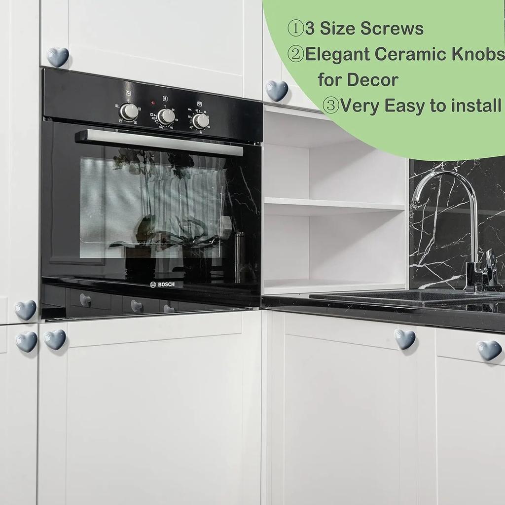 Ceramic Drawer Knobs Heart Shape Cabinet Dresser Pulls Handles with 3 Sized Screws,Kitchen Furniture Knobs for Cupboard Wardrobe