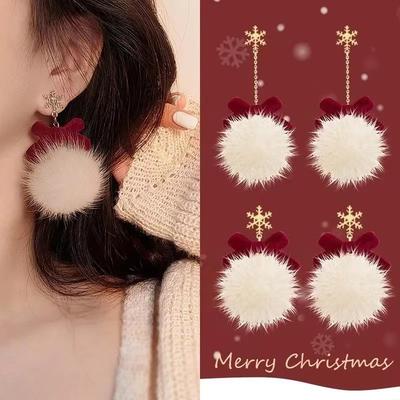 New Year Earrings With Snowflake Fur Balls For Women, Autumn And Winter Plush Earrings With Red Bow Earrings And Earrings