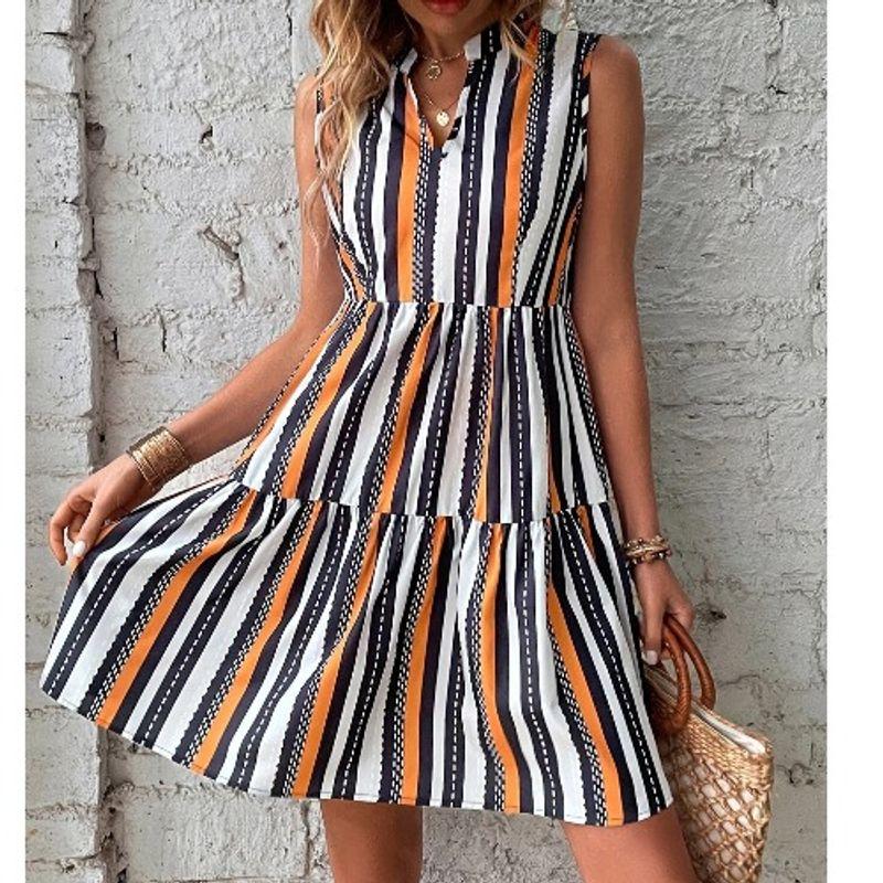 

European Station Small Summer New V Neck Vertical Stripes Slim Looking Print Sleeveless A- line Girl s Dress Short Skirt Dress Deep Katchi cloth color 2XL