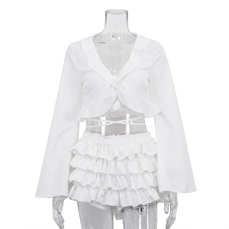 

women s Ruffle Trim Flare Sleeve Crop Top Lace Up High Waist Layered Mini Skirt Two Piece Outfit Set S белый