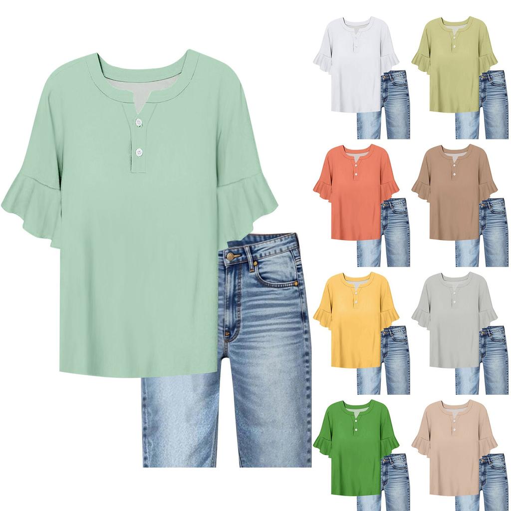 Women's Casual Fashion V-neck Ruffled Trumpet Sleeves Loose Versatile Solid Color Short Sleeves