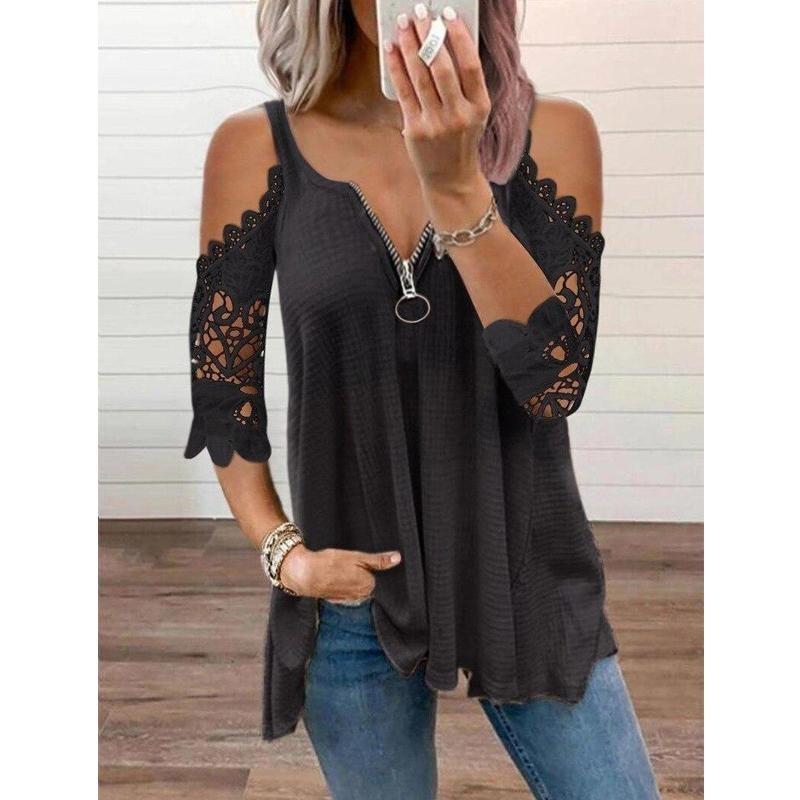 Off Shoulder Women Lace Blouse Summer Hollow Out Shirt Half Sleeve Zipper Casual Elegant V Neck Loose T Shirt