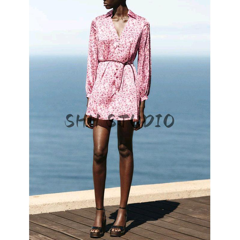 Spring New Women clothes V-Shaped Neckline With Belt Flowers Print Fashion Long sleeve Short Dress 5029072