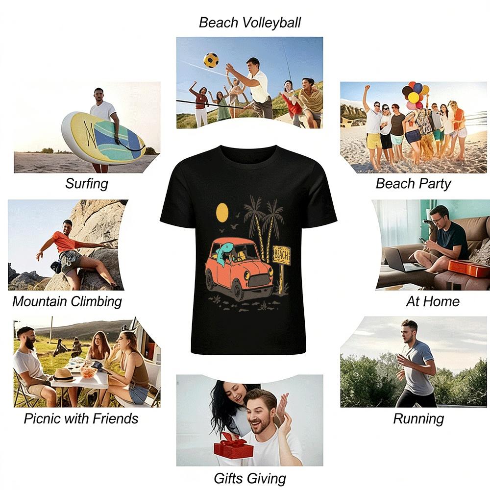Shark Driving Car Print T-shirt Beach Style Casual Short Sleeve Top Pure cotton T-shirt