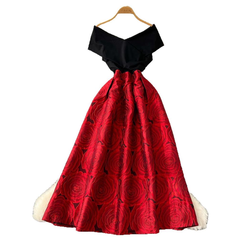 French Dress Women's New Skirt High-end One-word Shoulder Splicing Waist Jacquard Pendulum Puffy Dress