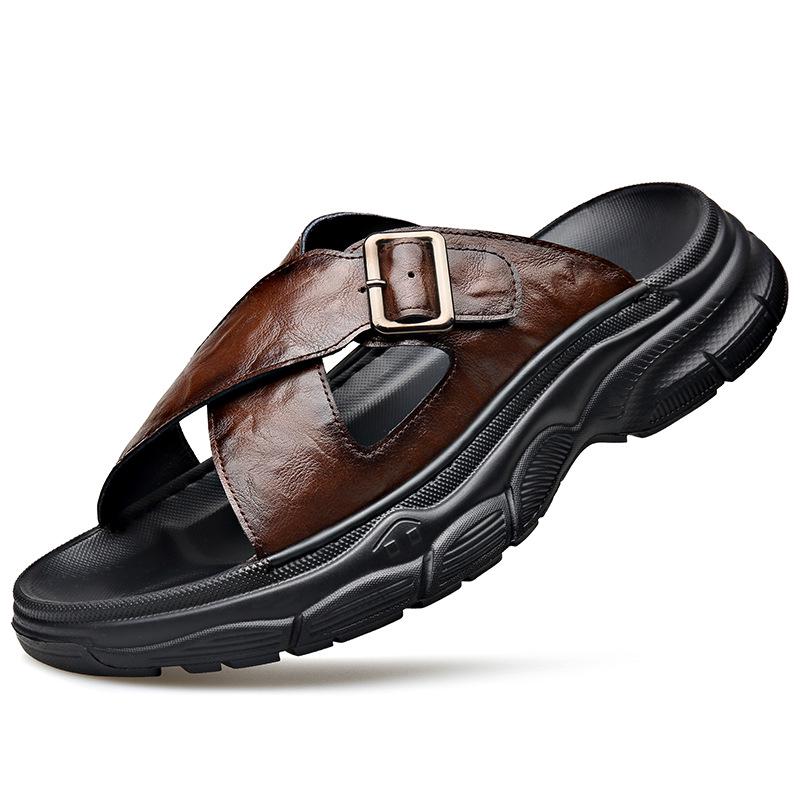Men s Trendy Leather Cross-Buckle Slip-On Sandals for Home & Outdoor 41