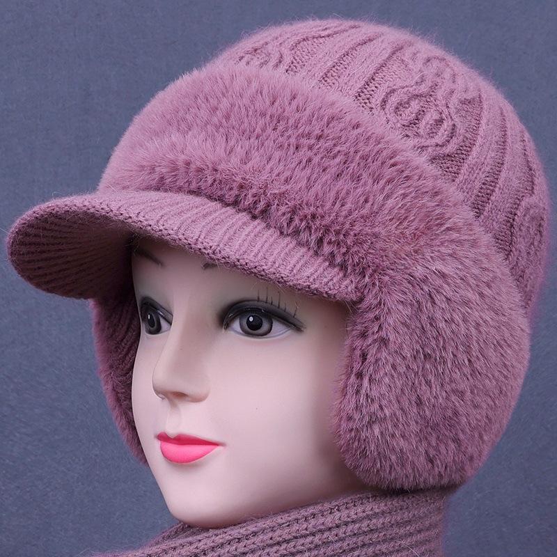 

Норкова оксамитова шапка з вовни, що захищає вуха, та набір шарфа для жінок - Зимова в язана качиний дзьоб