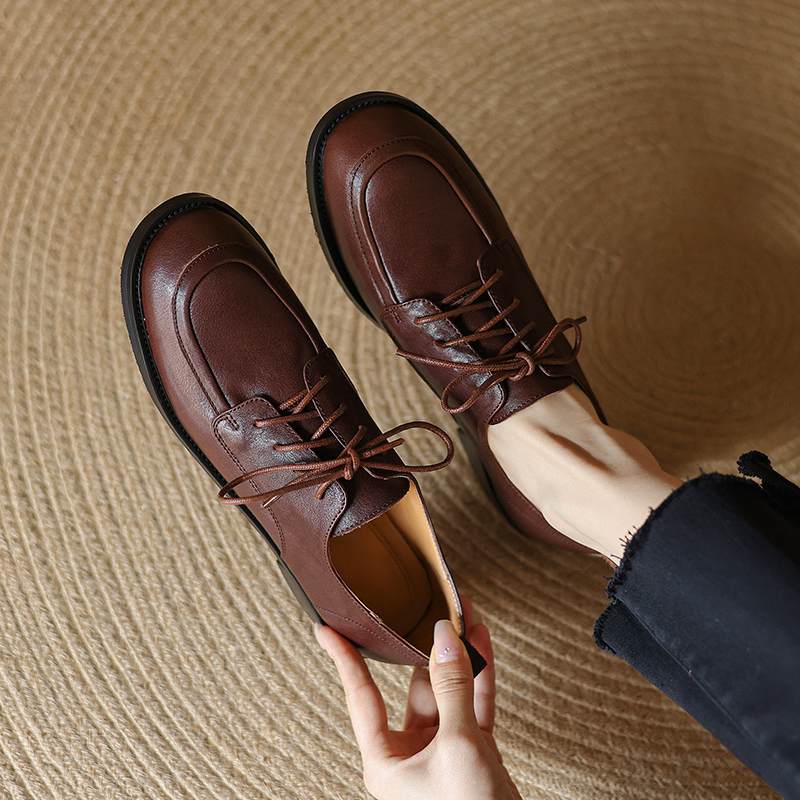 Krazing Pot Cow Skin Autumn Winter Brogues Shoes Lace Up Low Heels Size 42 Round Toe Oxford Shoes Deep Mouth Pumps
