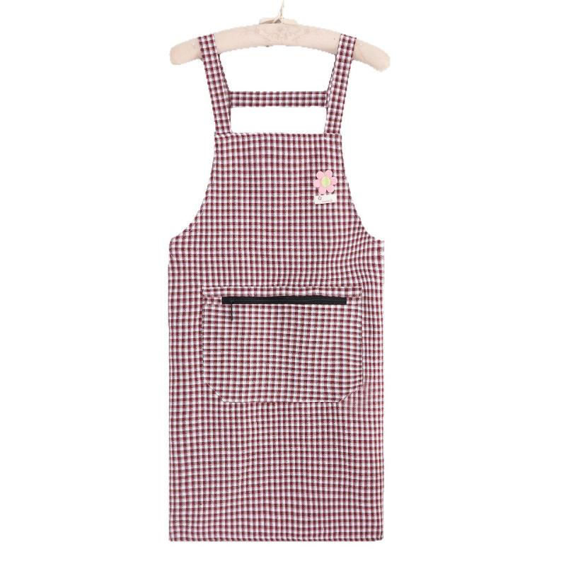 Cotton Plaid Kitchen Apron Large Storage Pocket Cute Flower Design For Home Cooking Baking Cleaning