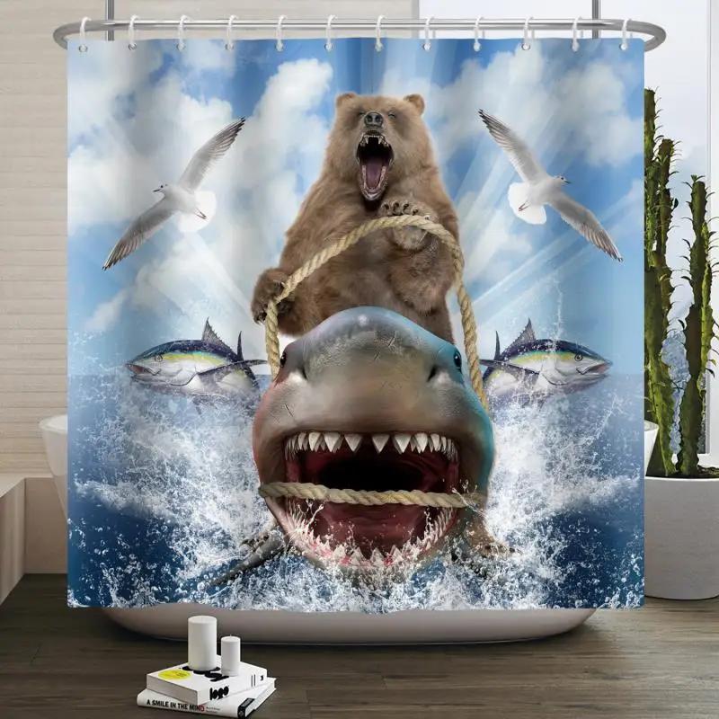 Hrdinský Velký bílý žralok s pistolí Kočka Vtipný sprchový závěs Pro kryt vany Kryt koupelny Koupání Extra velký Široký 12 ks háčků