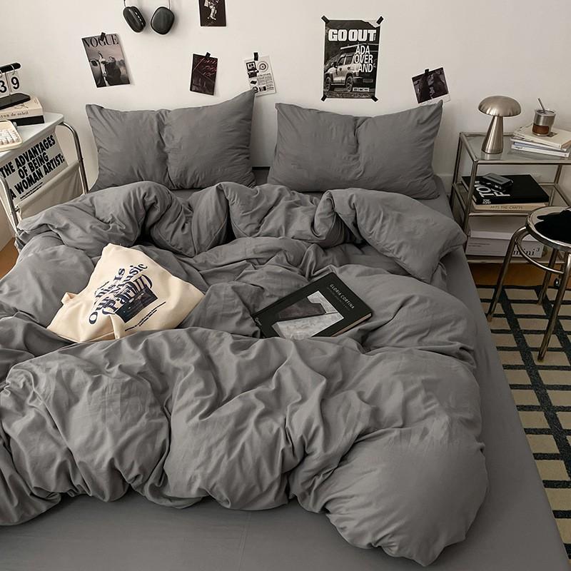 Soft Washed Cotton 4-Piece Bedding Set Pure Color Hypoallergenic Baby Safe Dormitory Use All Season