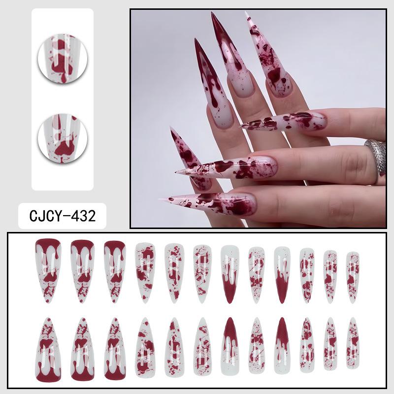 Blood Drop Halloween Long Stiletto False Nails - French Manicure Style