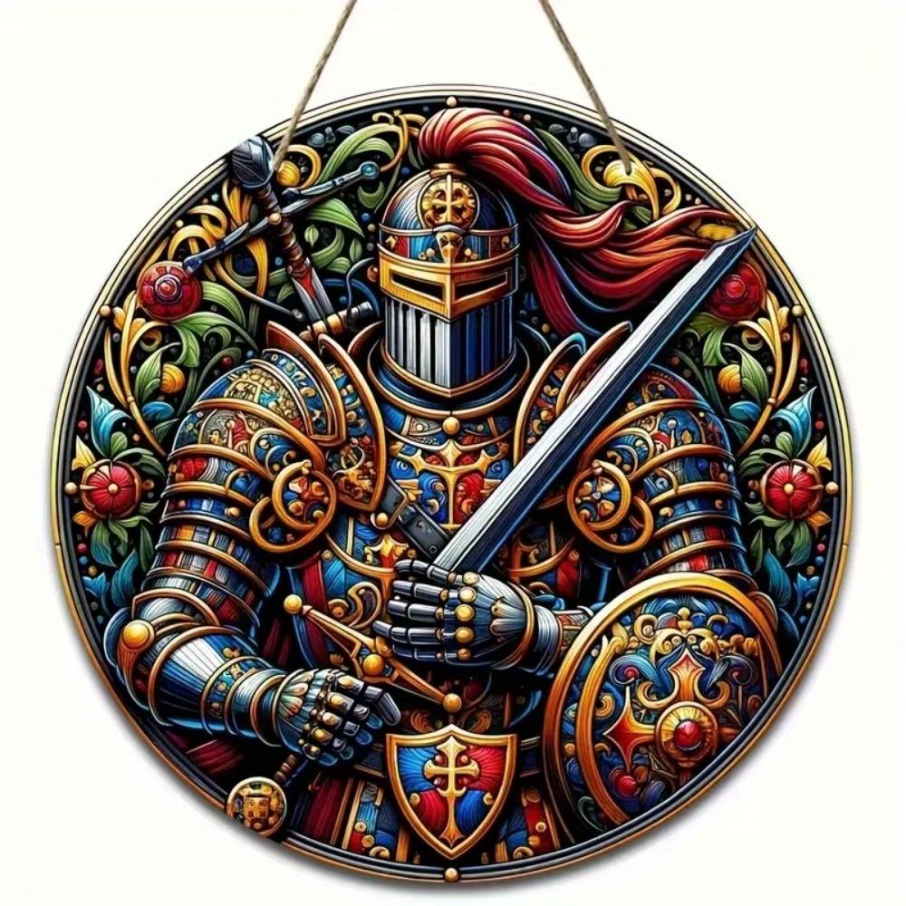 1 Stück 2D Flaches Vintage Mittelalterlicher Ritter Kunst Schild - 20cm Rund Holz, Bar Café Veranda Wohnzimmer Schlafzimmer Heimdeko, Rustikaler Stil Kreative Wanddeko