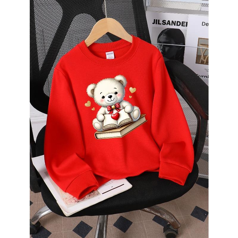 Kids Unisex Crewneck Sweatshirt, Cute White Teddy Bear Reading Books With Red Bow Golden Hearts Cartoon Print Soft Pullover For Kids Over 4 Years Old