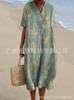 New Loose Casual Comfortable V-neck Digital Printing Pleated Large Version Dress