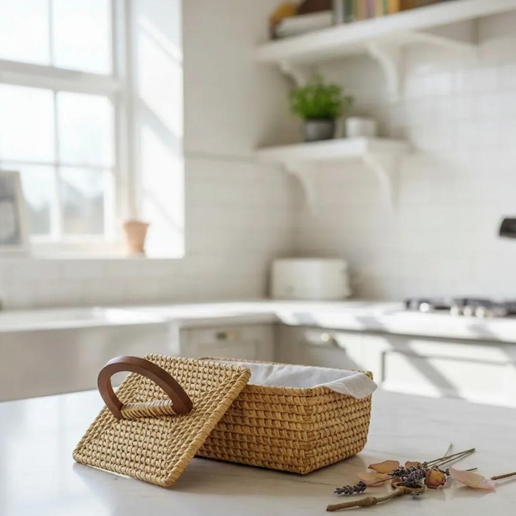 Woven Storage Basket with Lid & Wooden Handle | Handmade Moonj Grass Organizer for Kitchen, Bathroom & Office, Rustic Home Storage