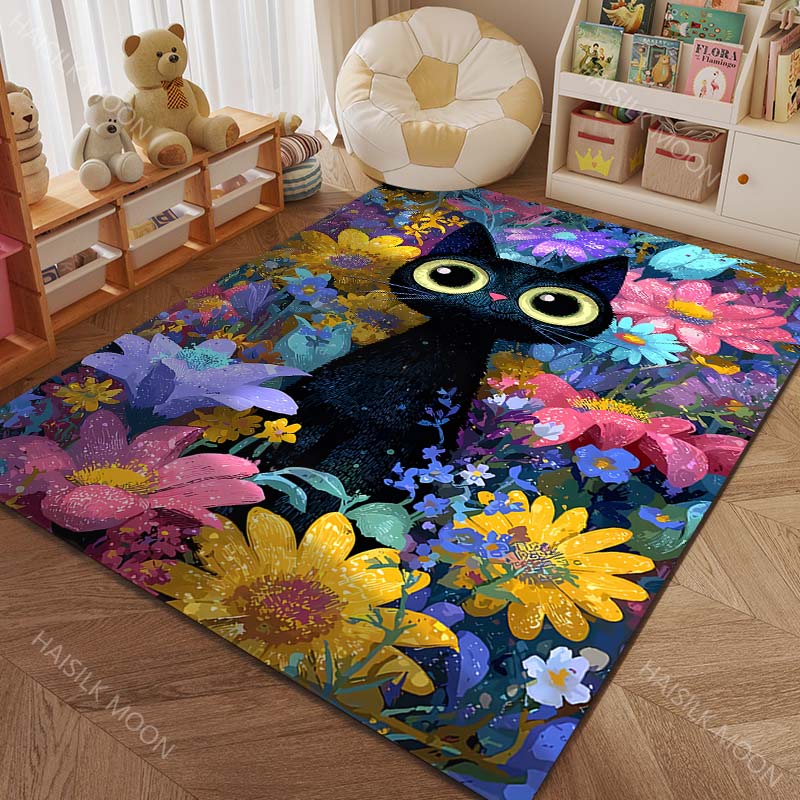 1PC Black cat among flowers Pattern Rug Carpets for Bedroom Living Room Sofa Mat Creative Door Mat Cloakroom Home Decor