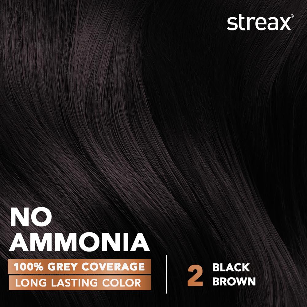 Streax Crème Permanent Hair Colour 2 Black Brown 120ml Long Lasting Grey Coverage Ammonia Free Hair Color Women