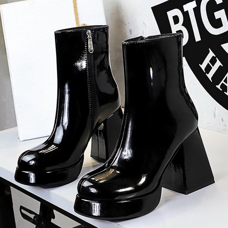 Patent leather Women Boots Autumn Winter shoes Side zipper leather boots Platform shoes High heel boots High heel boots Fashion