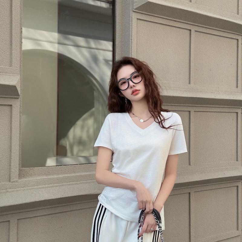 Cotton V-neck Summer Breathable Front Shoulder Short-sleeved Women's T-shirt Slim-fitting and Thin Bottoming Shirt Spice Girl Top