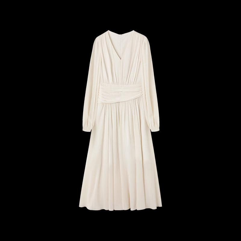 Mohan Yimei Lantern Sleeve V-Neck Pleated Midi Dress