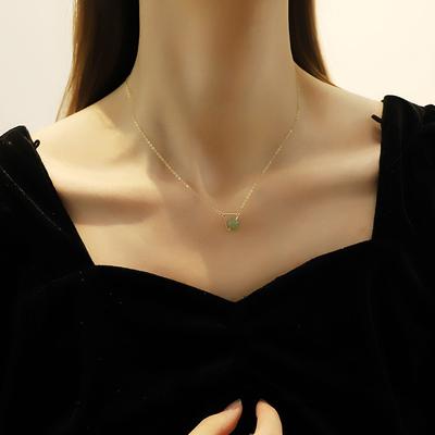 S925 Sterling Silver Necklace Women's Triangular Round Jade Bead Clavicle Chain Light Luxury Girlfriend Gift INS Temperament Hetian Jade Necklace