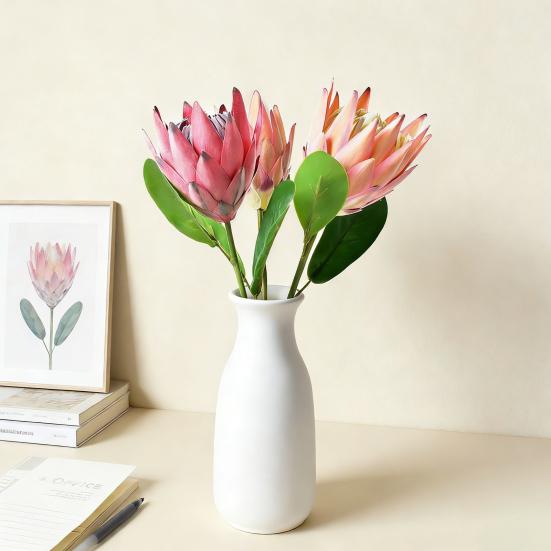 Artificial King Protea Flowers Lifelike Tropical Floral Arrangements Faux Protea Cynaroide with Stem for Wedding Centerpiece Home Office Table Decor