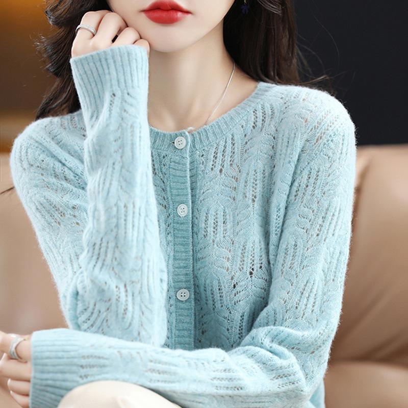 Women's Fashionable Autumn Wool Cardigan Coat - Round Neck, Knit, Hollow Design Cashmere Sweater