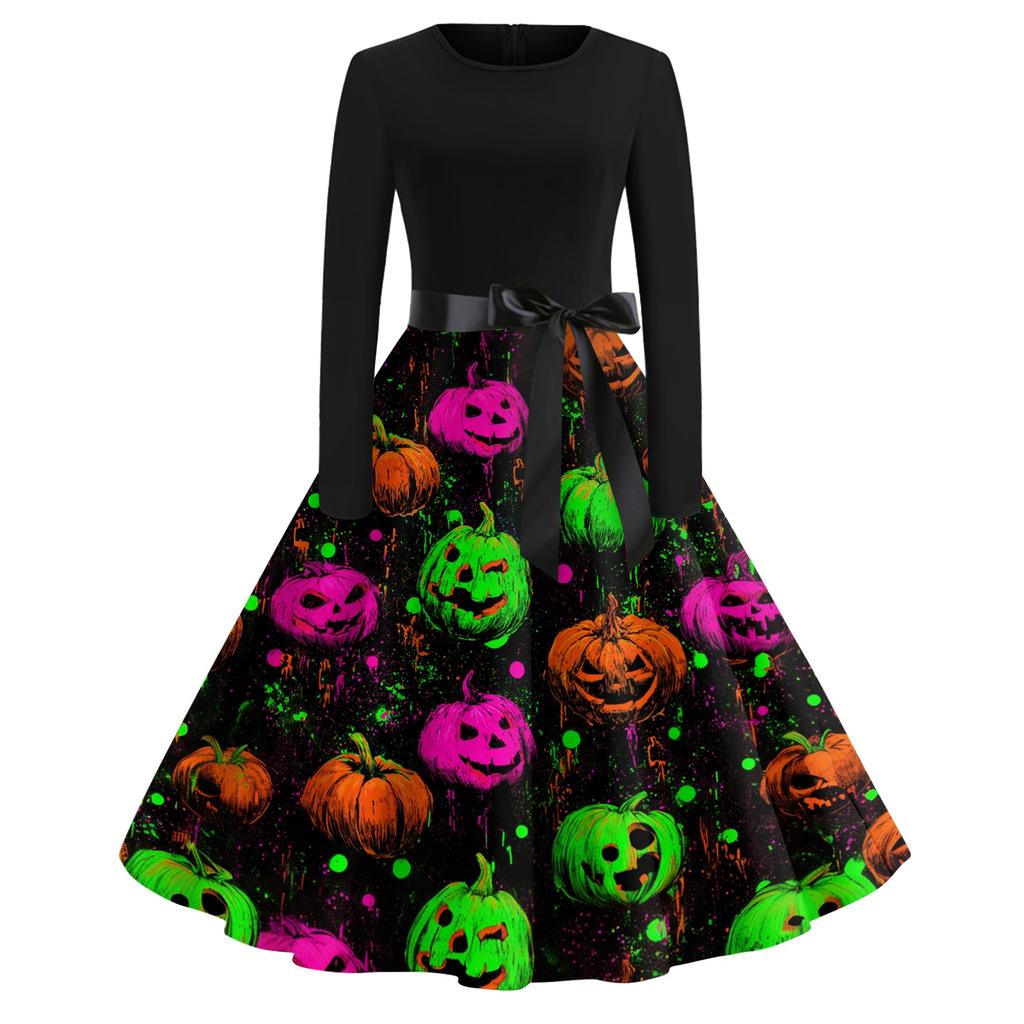 Women's Vintage Long Sleeve Round Neck Halloween Print Party Dress Retro Style Full Skirt with Waist Tie Elegant Evening Dress
