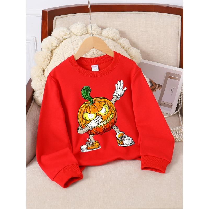 European sizes Pumpkin Character Girls' Crew Neck Sweatshirt, Halloween, Autumn Winter, Western Style, Long-Sleeved, Casual Colors for Young Girls.