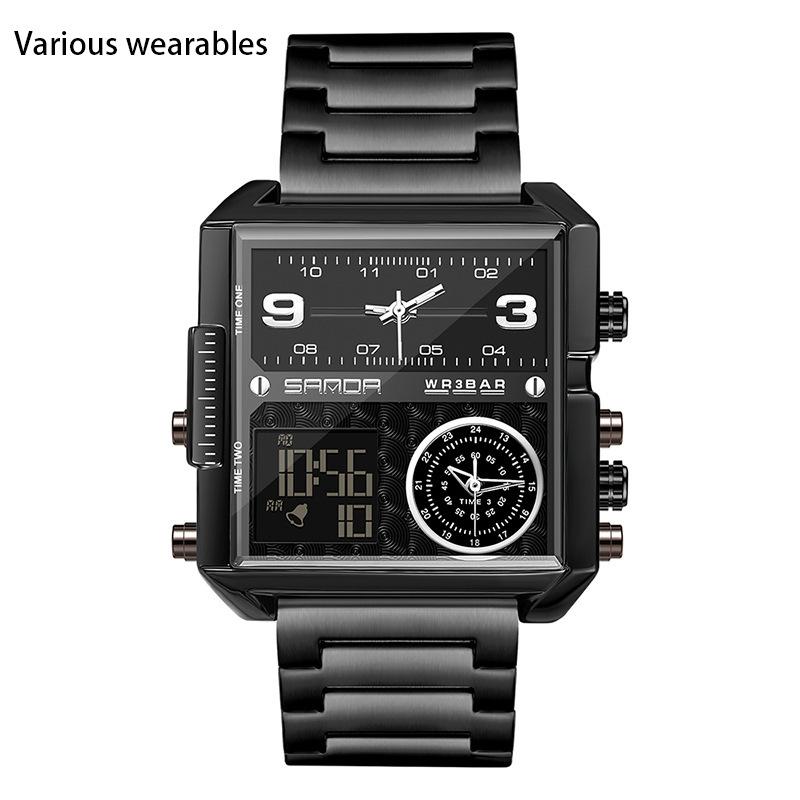 Fashion Casual Men's Watch Multi-functional Waterproof Leather Strap Electronic Watch Square Personality Large Dial