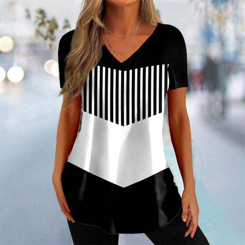 Sommer Damen T-Shirt Personalisiert Zweifarbiger Spleißdruck Wunderschöner V-Ausschnitt Kurzarm Street Trend Damen Gestreiftes T-Shirt