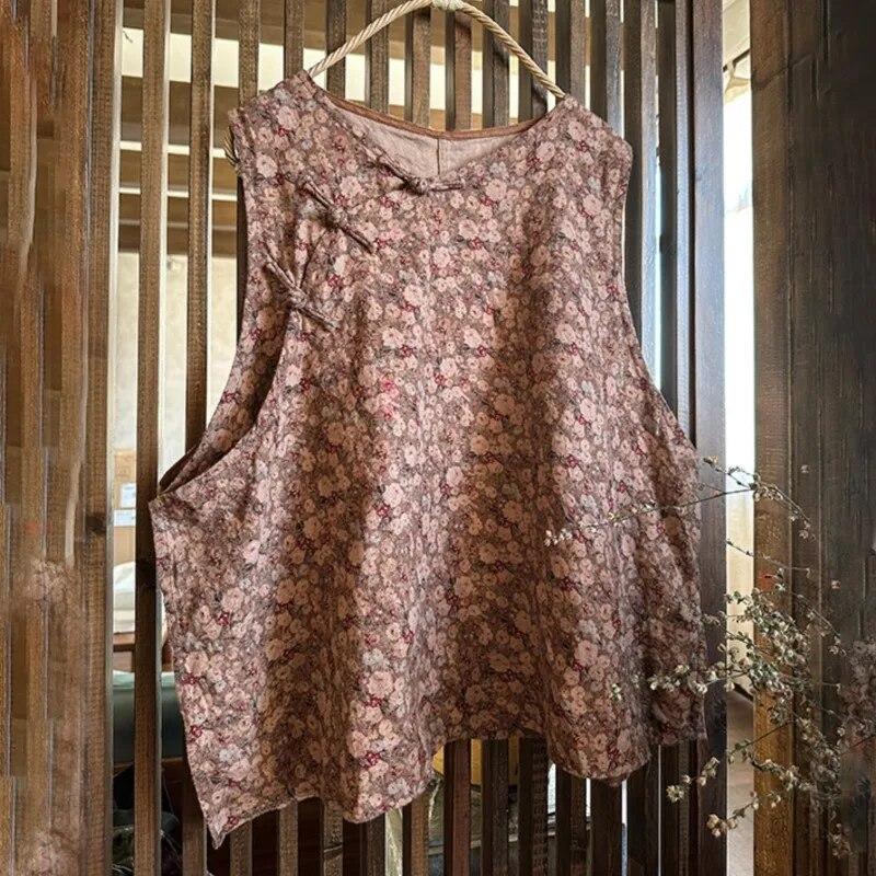 Johnature Frauen Vintage Print Floral Tank Tops O-Ausschnitt chinesischen Stil Kleidung Sommer lose Knopf Frauen Tank