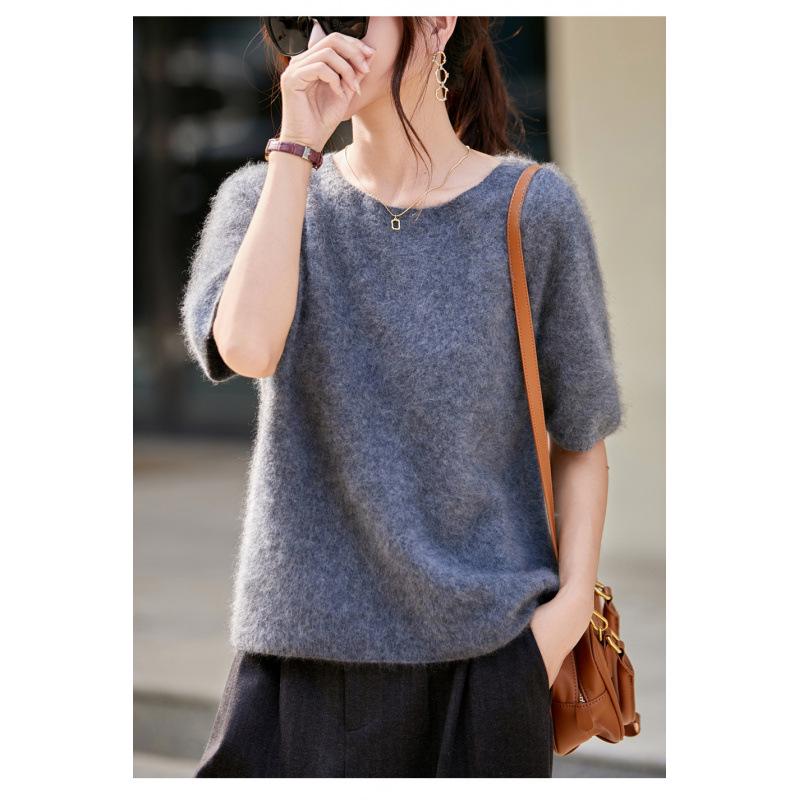 Seamless Round Neck Fleece Wool Half-Sleeve Women's Knit Top Sweater for Autumn/Winter