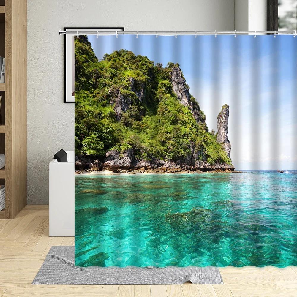 Flower Plant Landscape Shower Curtain Cherry Blossom Waterfall Green Forest Manor Arch Bridge Ocean Scenery Bathroom Curtain Set