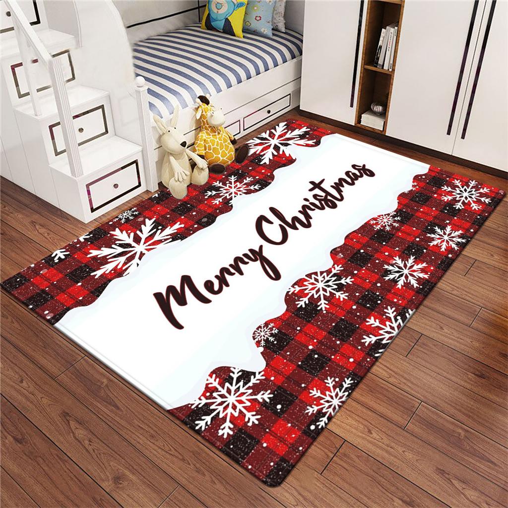 Merry Christmas Plaid Snowflake Rug Soft Crystal Velvet Floor Mat HolidayLiving Room Carpet Festive Home Decoration Winter Theme