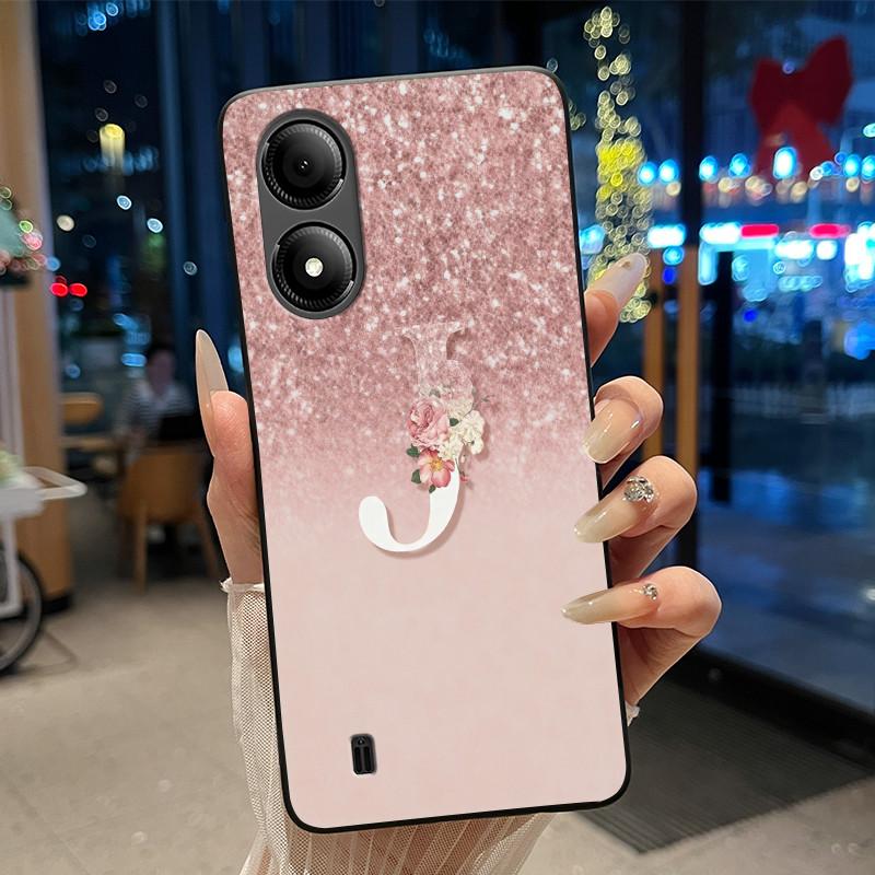 Exclusive Initial Letter With Flower Phone Case For ZTE Blade A33s Soft Silicone Black Case ZTE Blade A33s Anti-scratch Casing