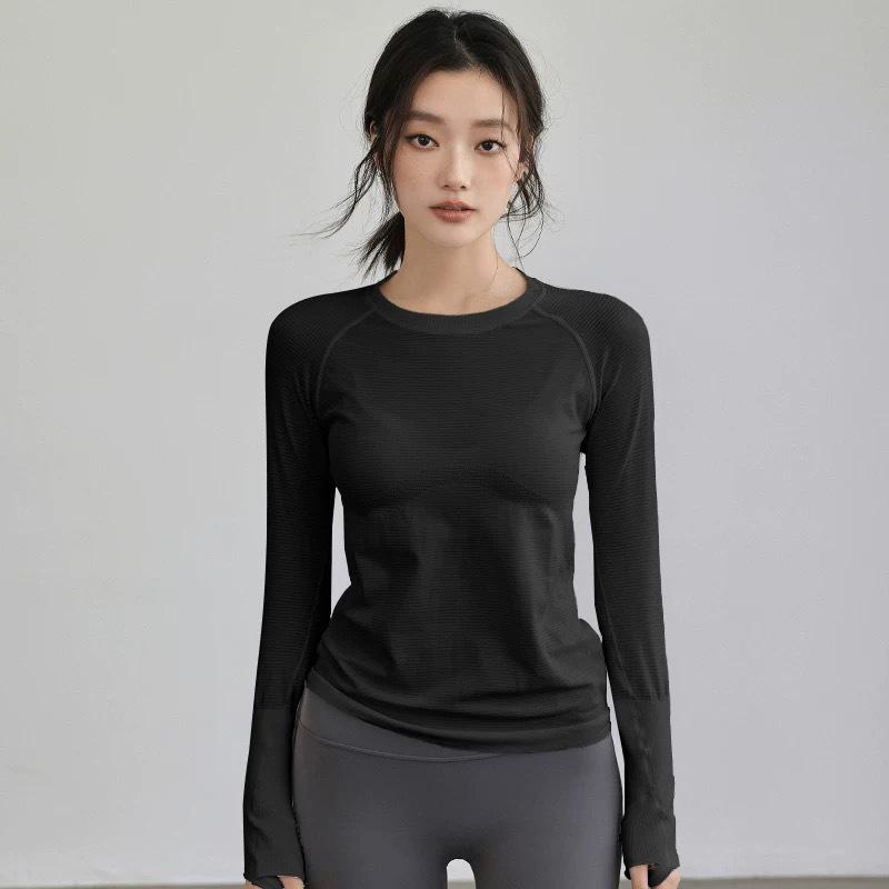 Women's Seamless Long-Sleeve Sports Top for Running & Yoga - Quick-Dry Elastic Knit Crew Neck